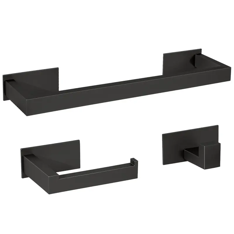 Accesorios de baño adhesivos con diseño cuadrado en negro mate Incluye toallero 40 cm exterior 35 cm interior Portarrollos y percha Valaz