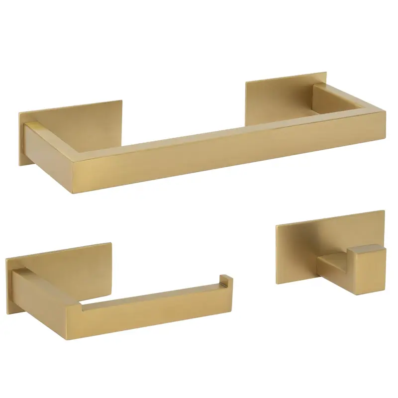 Accesorios de baño adhesivos sin taladro en oro mate con protección PVD toallero 30 cm Portarrollos y percha Valaz