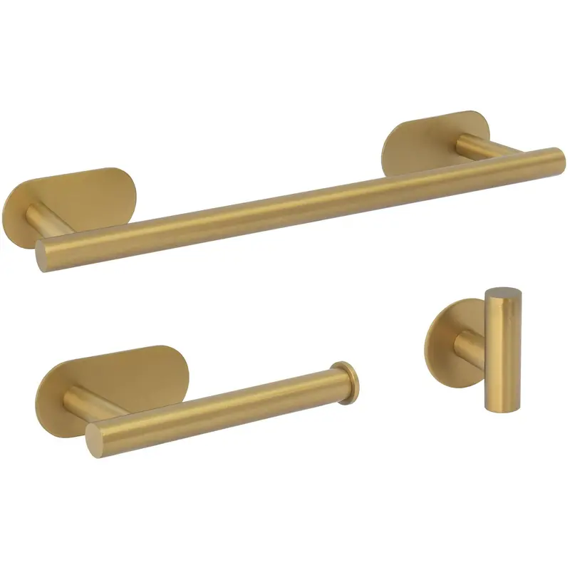 Accesorios de baño adhesivos sin taladro oro mate con protección PVD 40 cm toallero Portarrollos y 2 perchas Valaz