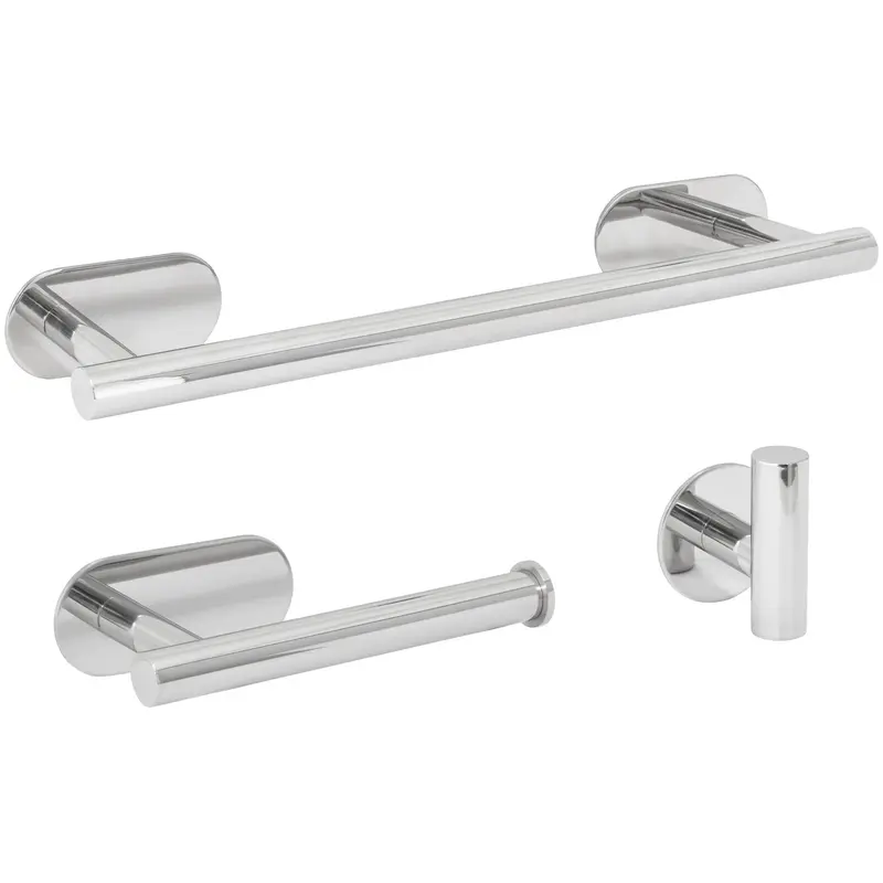 Accesorios de baño con instalación adhesiva sin taladro acabado cromado en acero SUS304 Incluye toallero de 40 cm Portarrollos y dos perchas Valaz