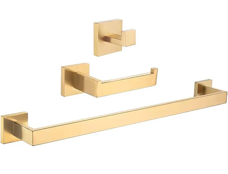 Accesorios de baño cuadrados en dorado cepillado con toallero percha portarrollos de Valaz