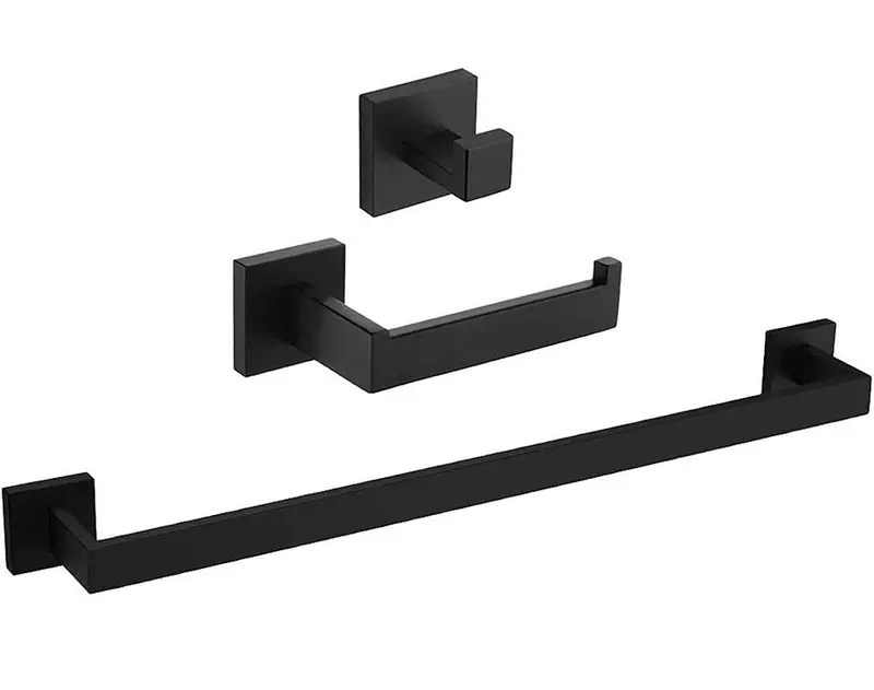 Accesorios de baño cuadrados negro mate con toallero portarollos y percha de Valaz