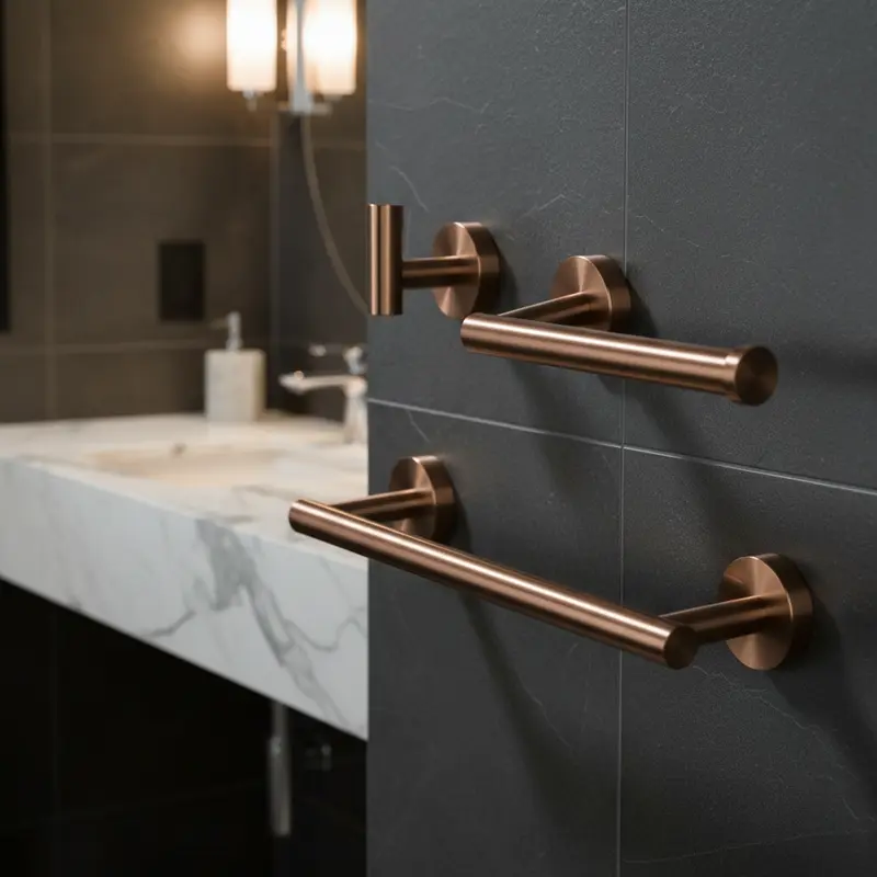 Accesorios de baño detalles oro rosa mate con protección PVD toallero 40 cm percha Portarrollos 3 perchas Valaz