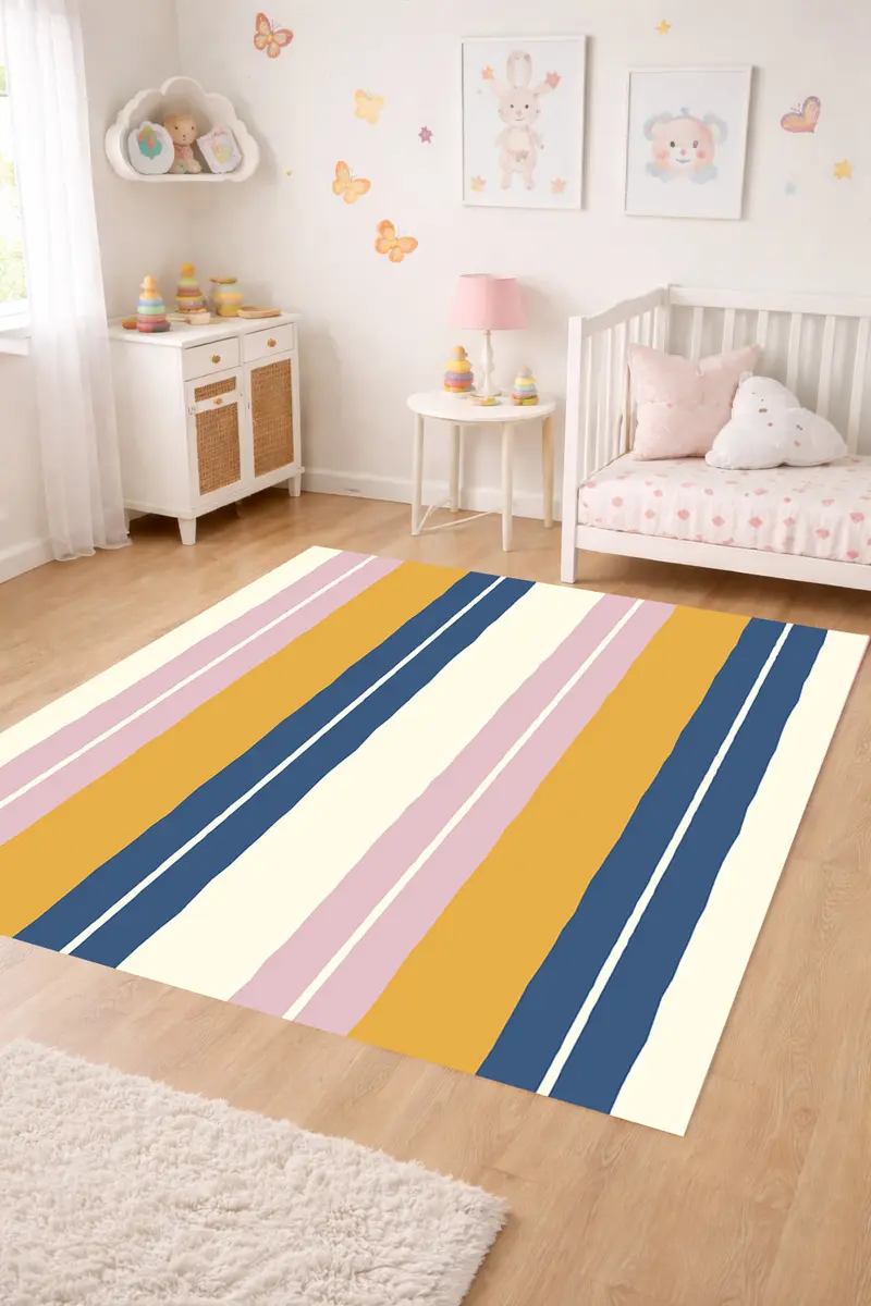 Alfombra vinílica Rayas Dobles Amarillo Azul Rosa M