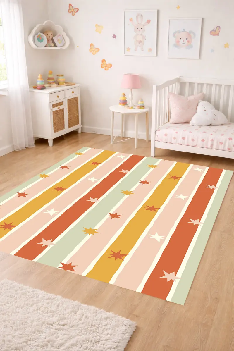 Alfombra vinílica Rayas Irregulares Estrellas Naranja Verde M