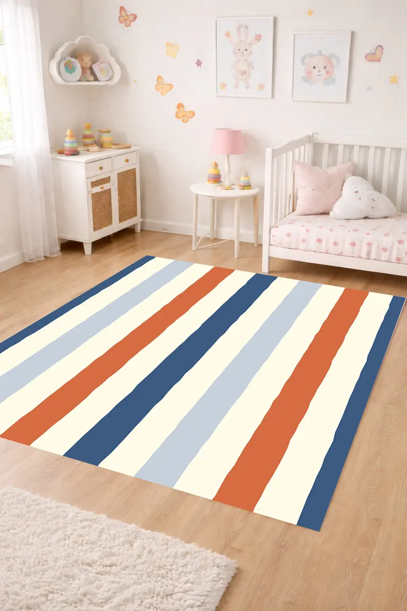 Alfombra vinílica Rayas Irregulares Naranja Azul Crema M