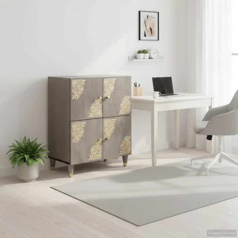 Aparador Gris y dorado 60 x 33 x 75 cm Madera de mango maciza