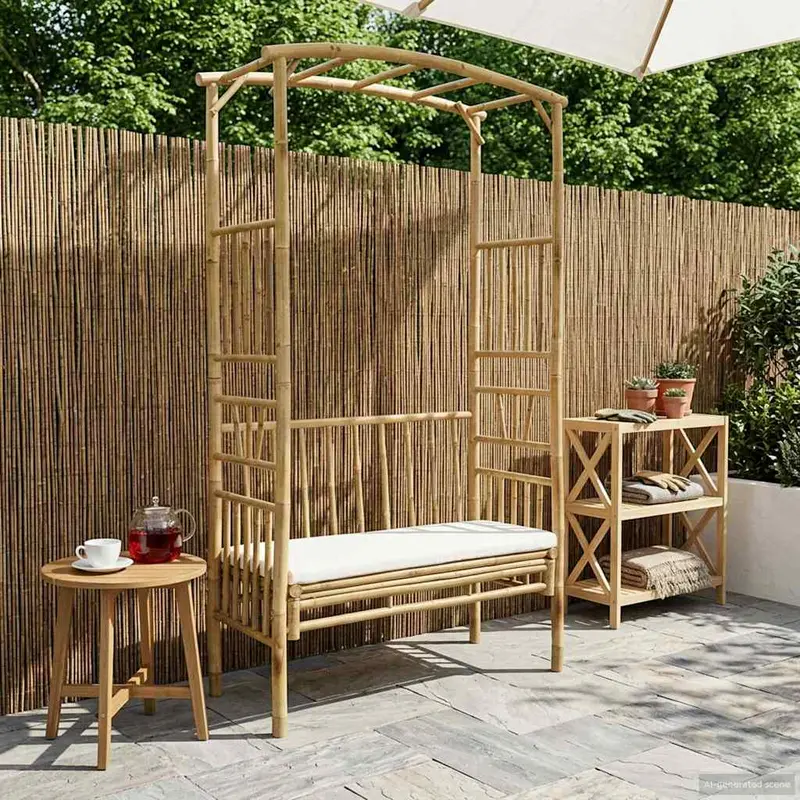 Arco de Jardín con Banco Blanco Crema 115 x 50 x 205 cm Bambú
