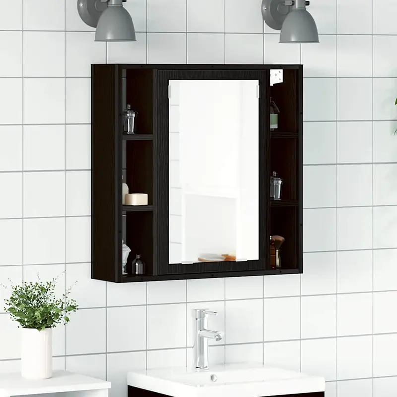 Armario de baño con espejo de madera de ingeniería de roble negro 60x16x60 cm