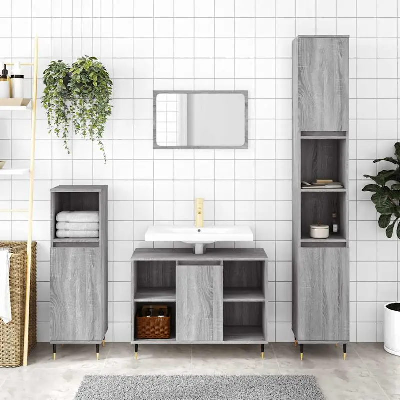 Armario de baño madera contrachapada gris Sonoma 30x30x100 cm