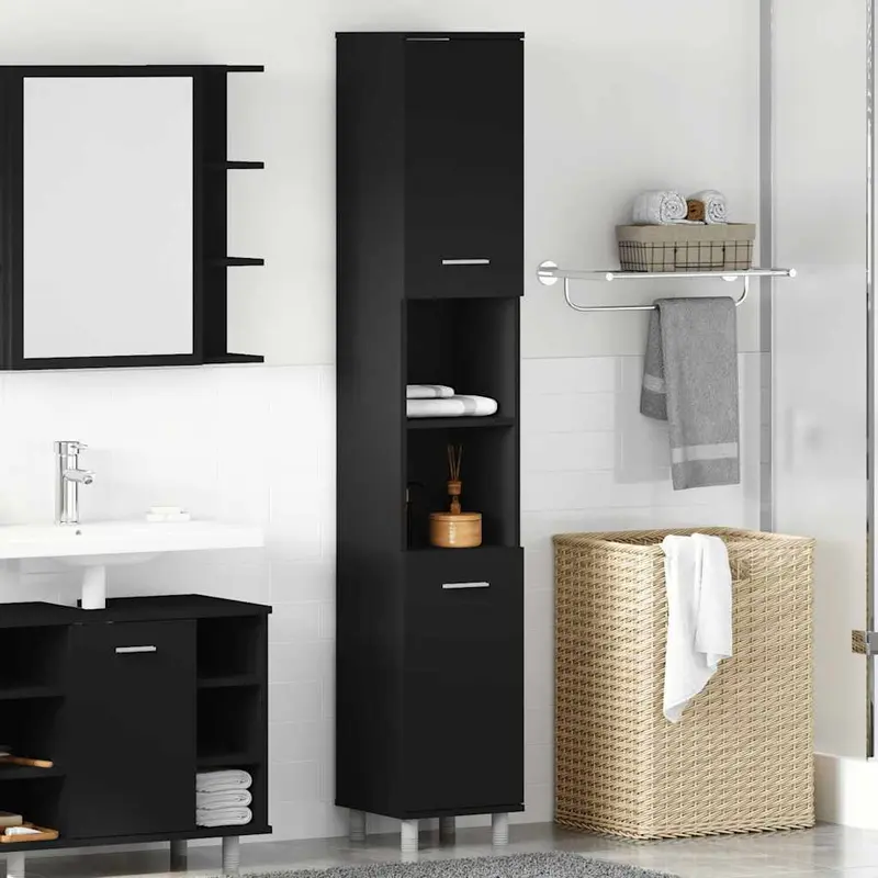 Armario de baño madera contrachapada negro 30x30x179 cm