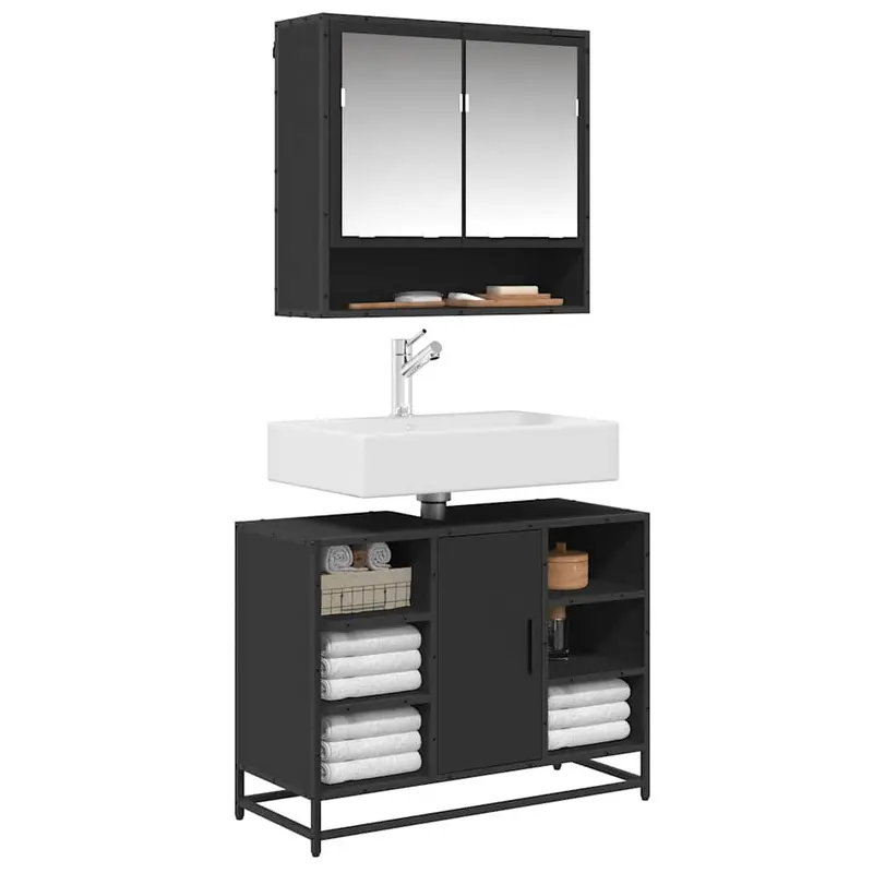 Armario de lavabo de baño madera ingeniería negro 80x33x60 cm