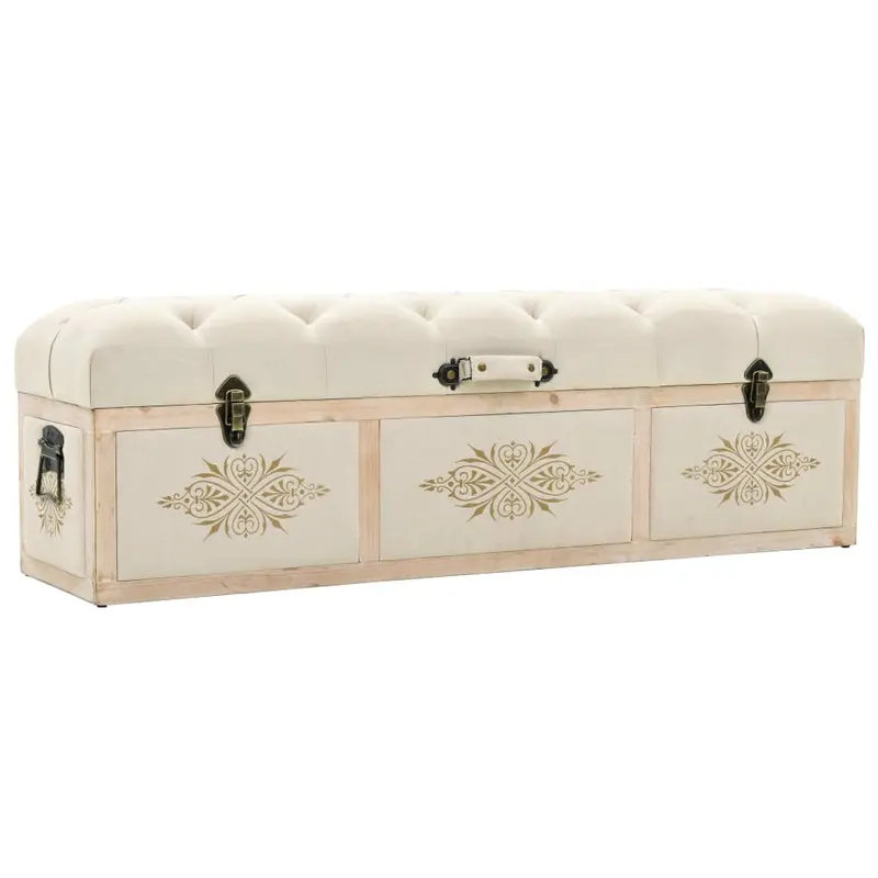 Banco con almacenaje 110 cm madera maciza de abeto color crema y tela