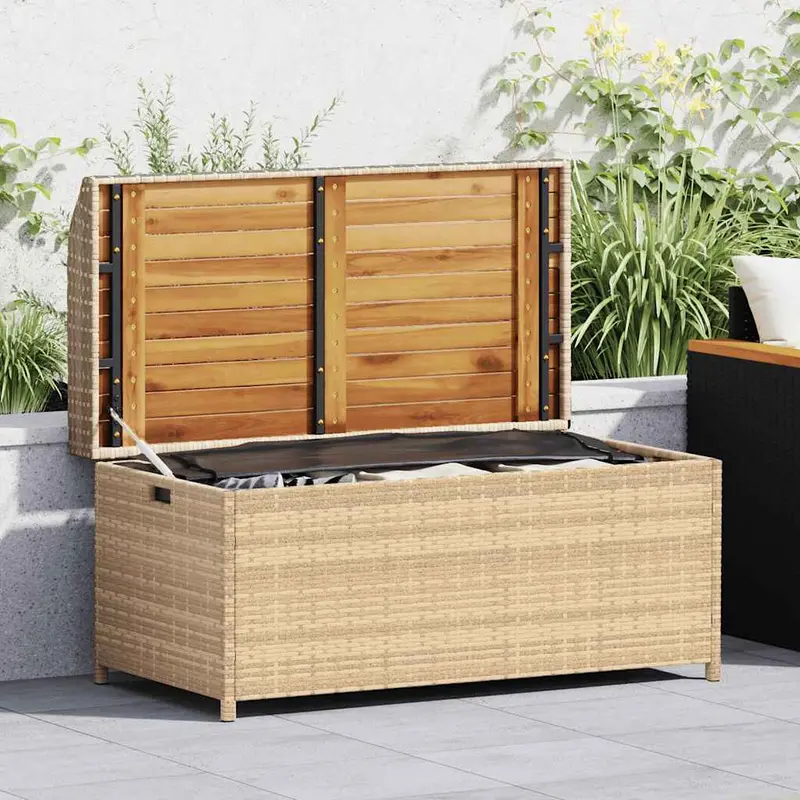 Banco con almacenaje acacia ratán PE beige mezcla 100x50x52 cm