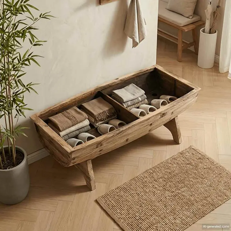 Banco de almacenamiento madera maciza y tela 103x51x44 cm