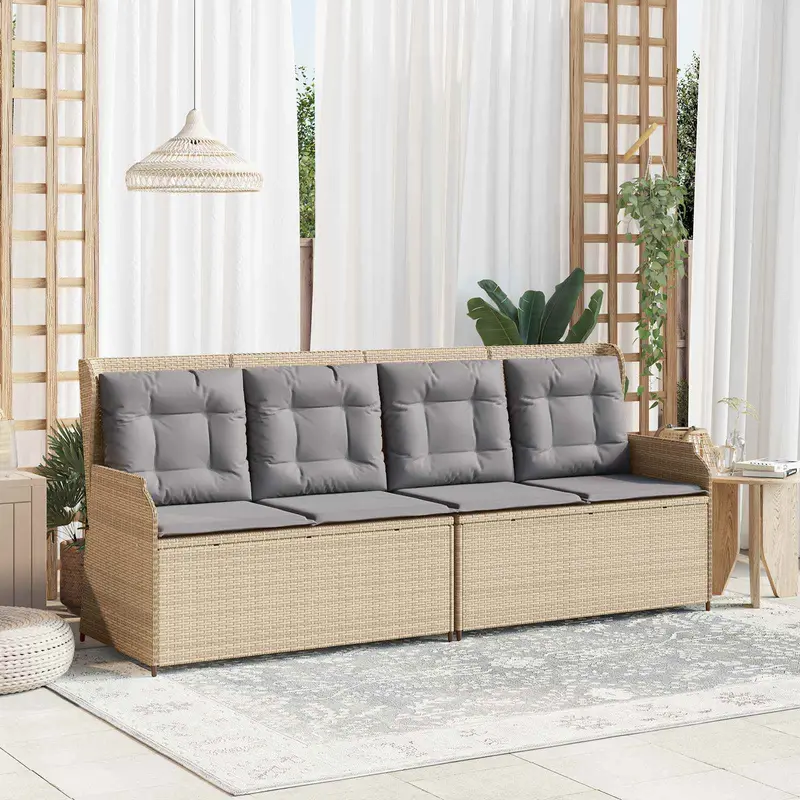 Banco de jardín con cojín Beige y gris ratán sintético