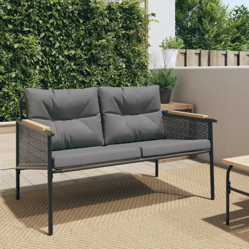 Banco de jardín con cojines acero negro 116 cm