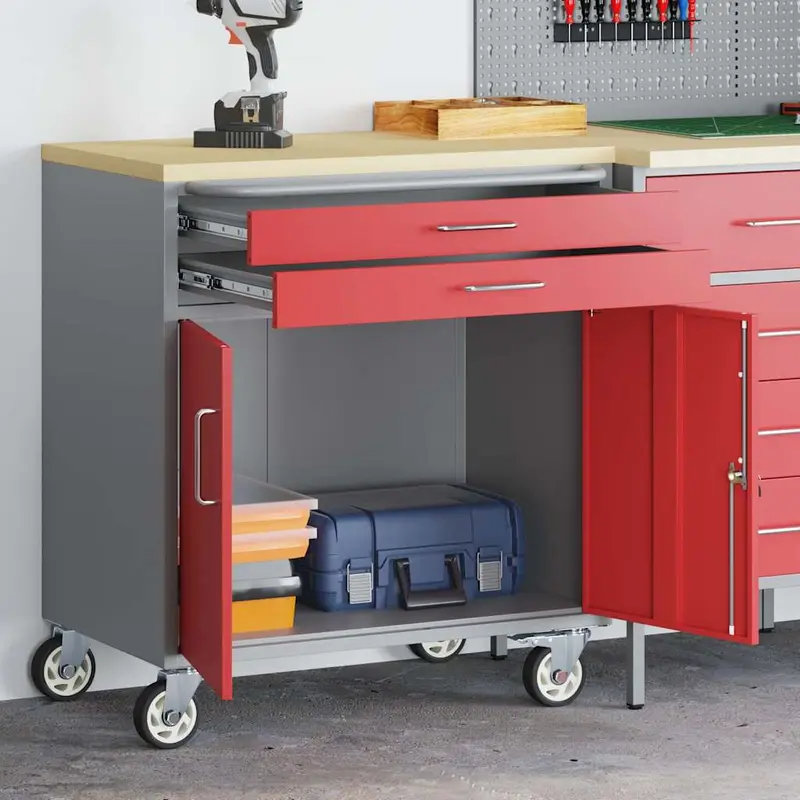 Banco de Taller con cajón con rueda Rojo y Gris 75 x 45 x 85 cm