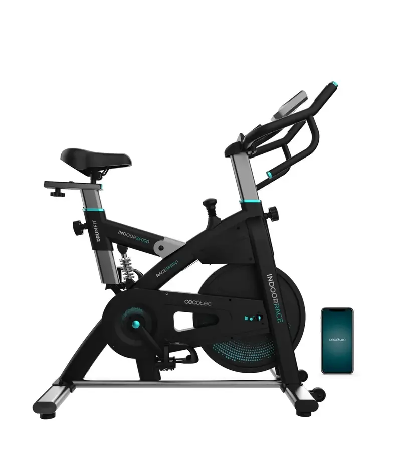 Bicicleta Estática Indoor DrumFit 24000 Race Sprint con volante de inercia de 24 kg y Conectividad APP Kinomap Cecotec