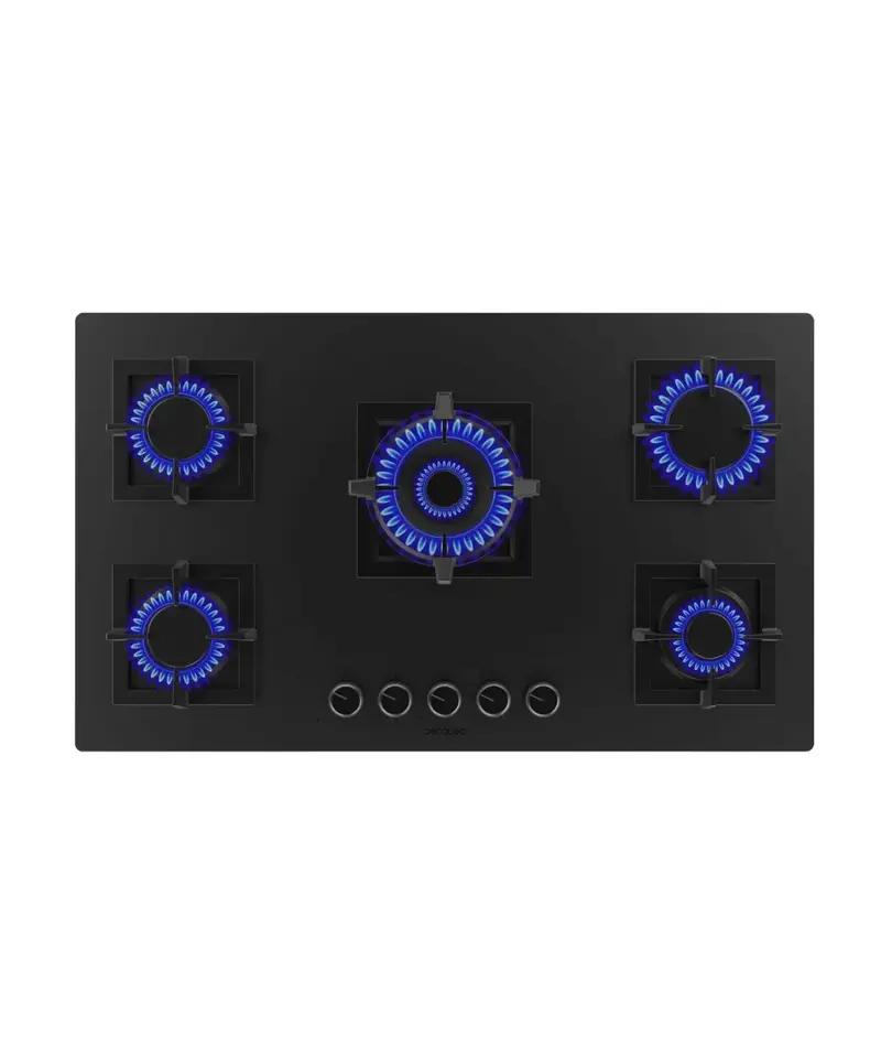 Bolero Squad G 5800S Placa de gas 5 fuegos cristal negro mate 13 1kW con quemador WOK y seguridad eléctrica de Cecotec