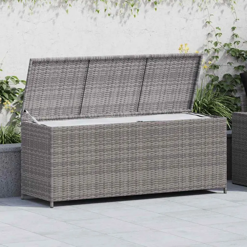 Caja de almacenaje de jardín ratán sintético gris 150x50x60 cm