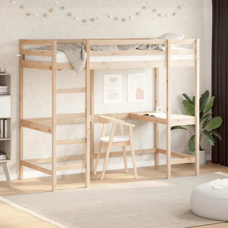Cama alta con escritorio madera maciza de pino 100x200 cm