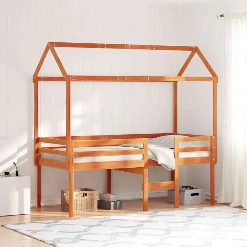 Cama alta con techo madera maciza de pino marrón cera 90x190 cm