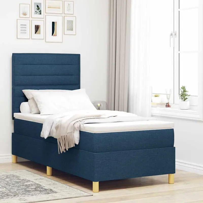 Cama Box Spring LED con colchón Azul 100 x 200 cm tela