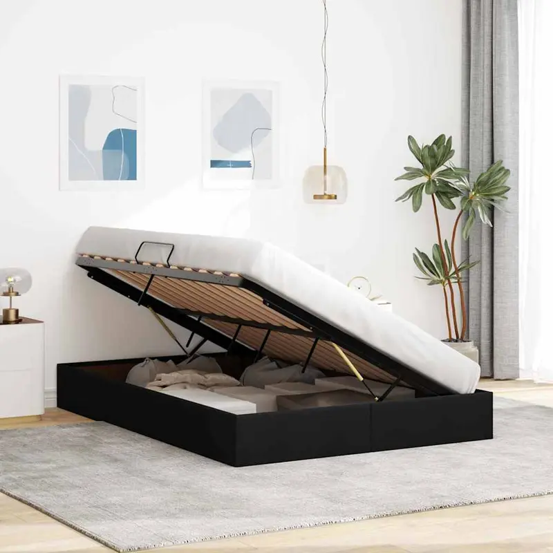 Cama con almacenamiento con cabecera Negro 135 x 190 cm tela