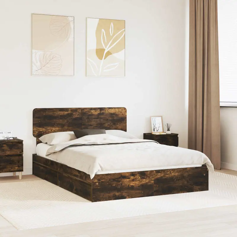 Cama con almacenamiento con cabecera Roble ahumado 160 x 200 cm