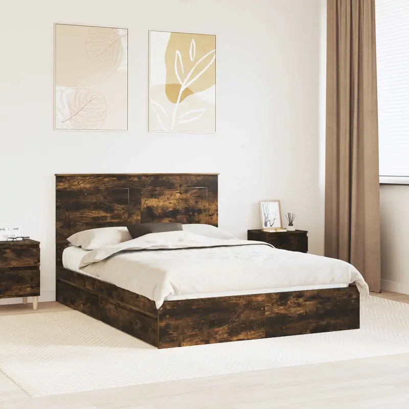 Cama con almacenamiento con cabecera Roble ahumado 160 x 200 cm