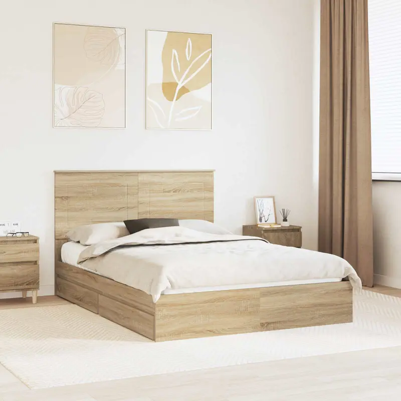 Cama con almacenamiento con cabecera Roble Sonoma 140 x 190 cm