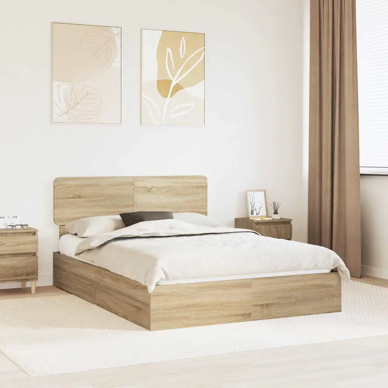 Cama con almacenamiento con cabecera Roble Sonoma 140 x 200 cm