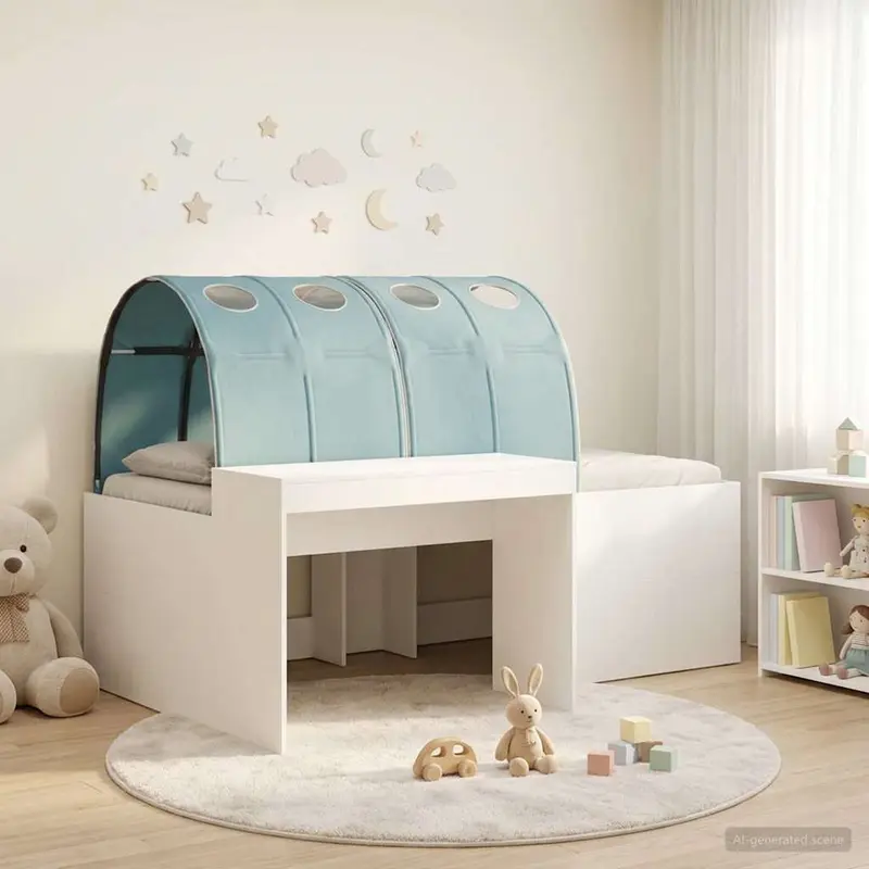 Cama con túnel 3 pcs Blanco y Azul Claro Madera de ingeniería