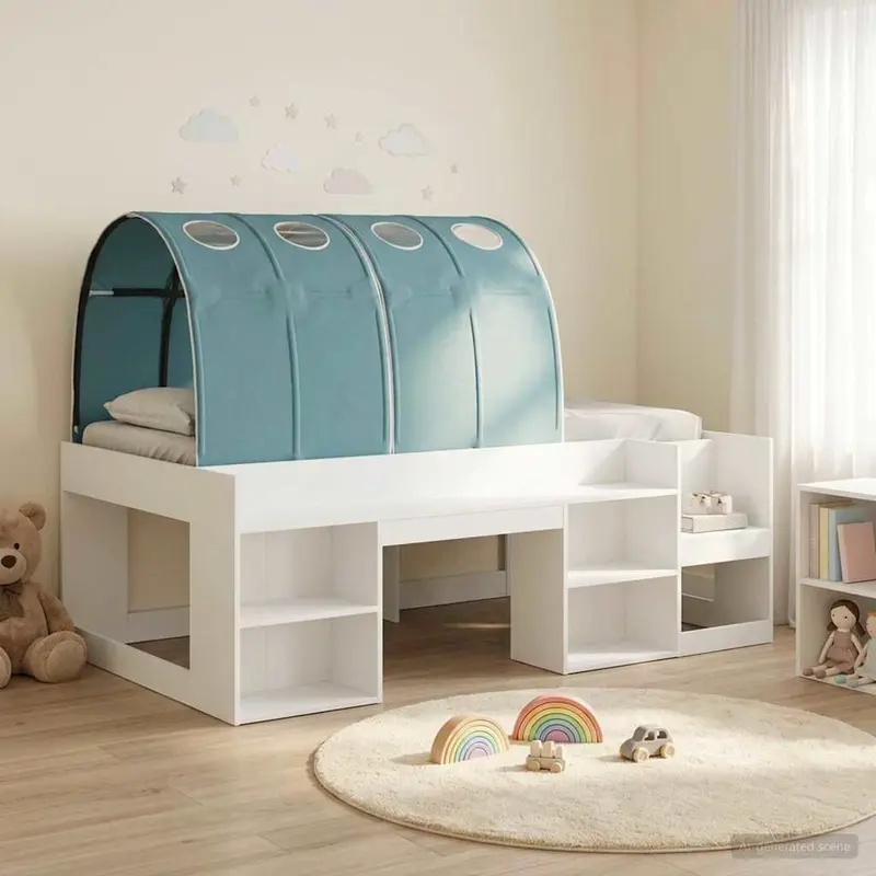 Cama con túnel 3 pcs Blanco y Azul Claro Madera de ingeniería