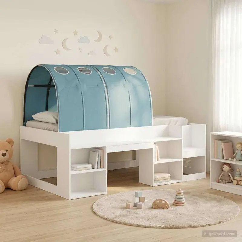 Cama con túnel 3 pcs Blanco y Azul Claro Madera de ingeniería