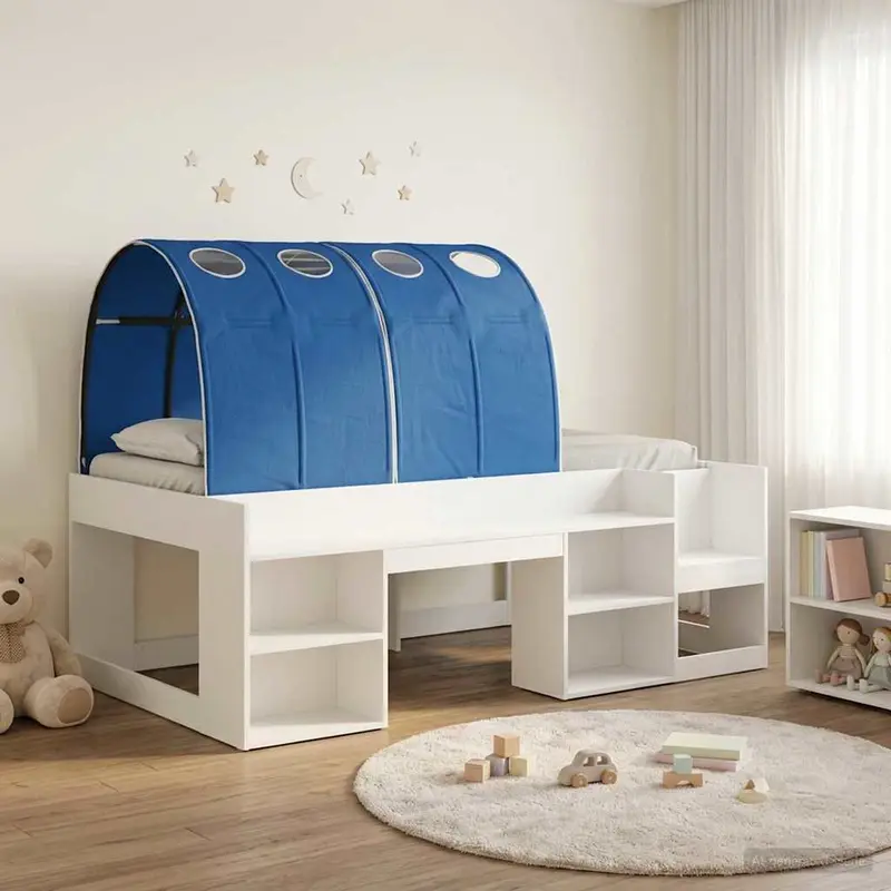Cama con túnel 3 pcs Blanco y Azul Madera de ingeniería