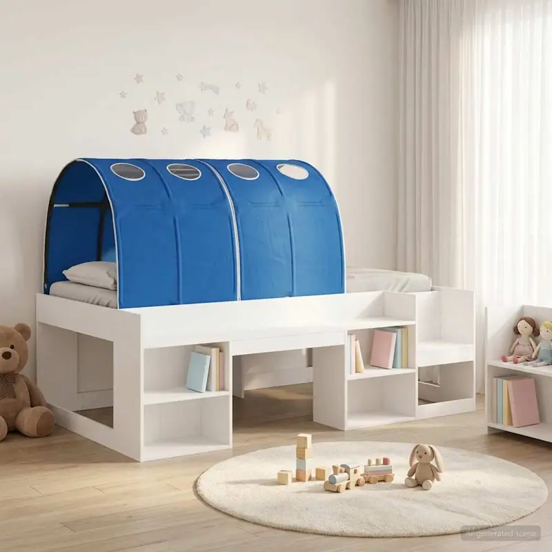 Cama con túnel 3 pcs Blanco y Azul Madera de ingeniería