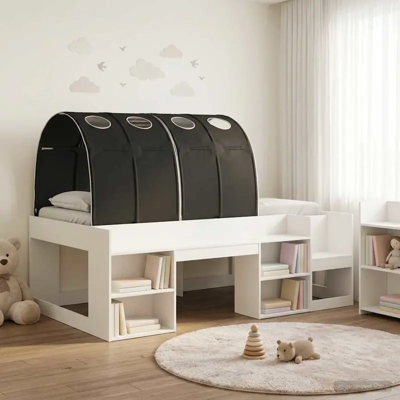 Cama con túnel 3 pcs Blanco y Negro Madera de ingeniería