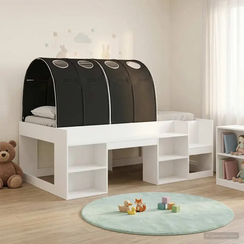 Cama con túnel 3 pcs Blanco y Negro Madera de ingeniería
