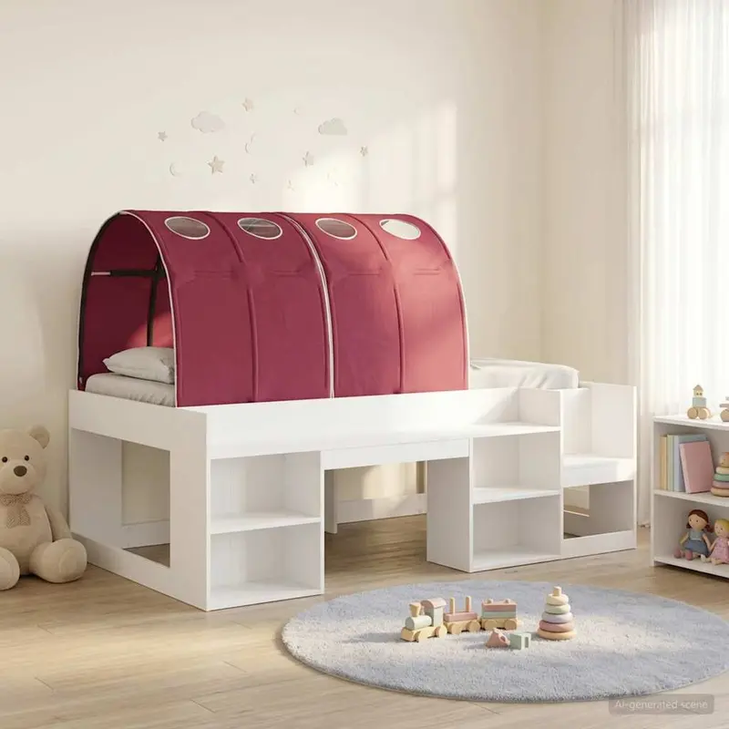Cama con túnel 3 pcs Blanco y Rojo Madera de ingeniería
