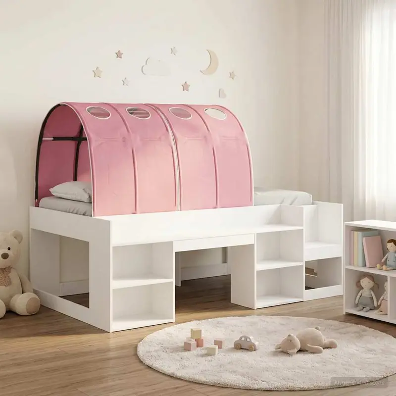 Cama con túnel 3 pcs Blanco y Rosa Madera de ingeniería