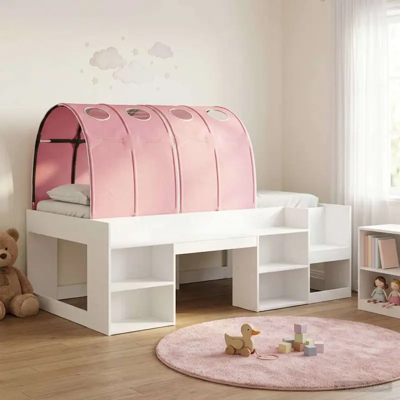 Cama con túnel 3 pcs Blanco y Rosa Madera de ingeniería