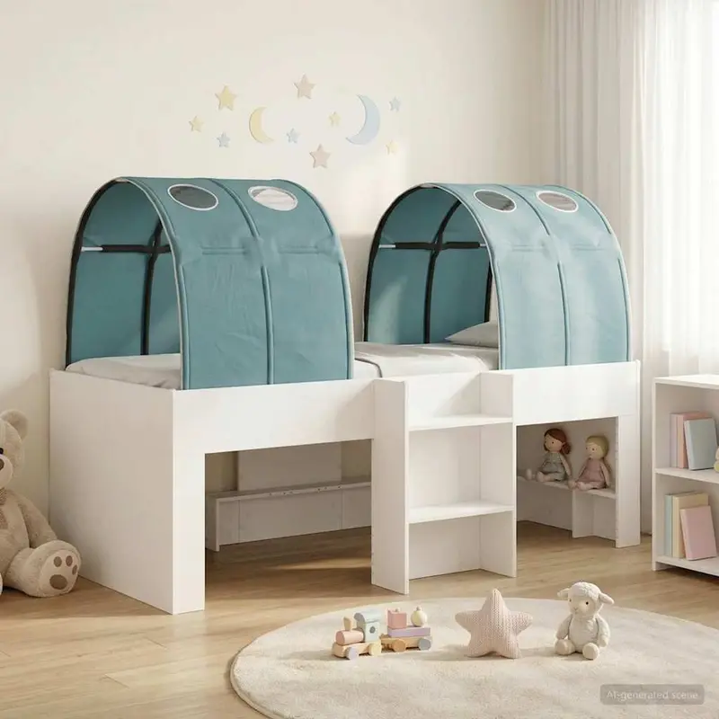 Cama con Túnel 4 pcs Blanco y Azul Claro Madera de ingeniería