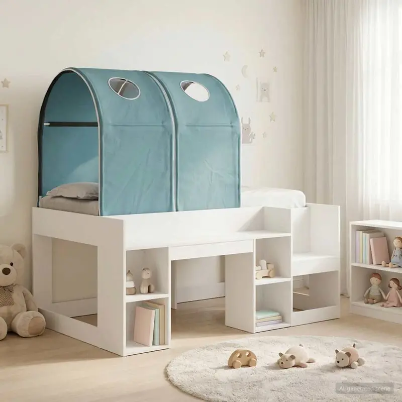 Cama con Túnel 4 pcs Blanco y Azul Claro Madera de ingeniería