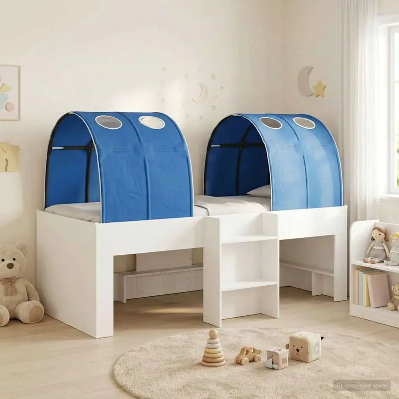 Cama con Túnel 4 pcs Blanco y Azul Madera de ingeniería