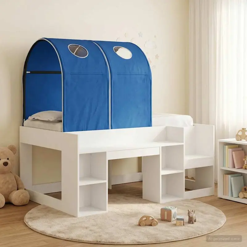 Cama con Túnel 4 pcs Blanco y Azul Madera de ingeniería