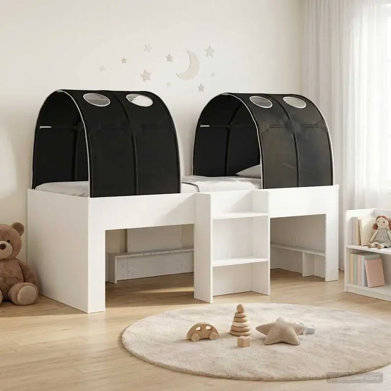 Cama con Túnel 4 pcs Blanco y Negro Madera de ingeniería