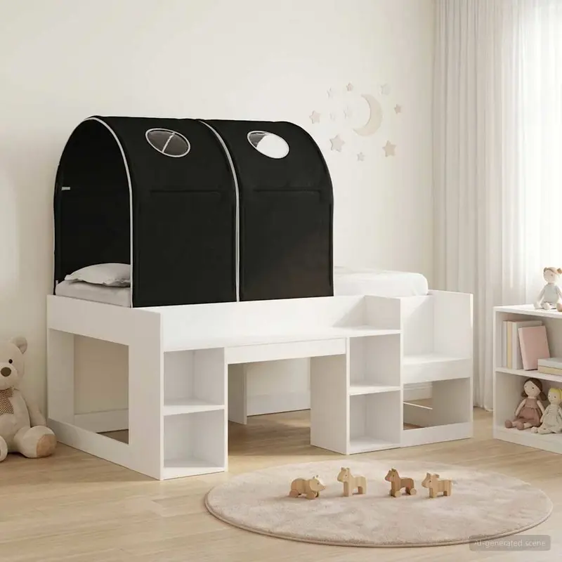 Cama con Túnel 4 pcs Blanco y Negro Madera de ingeniería
