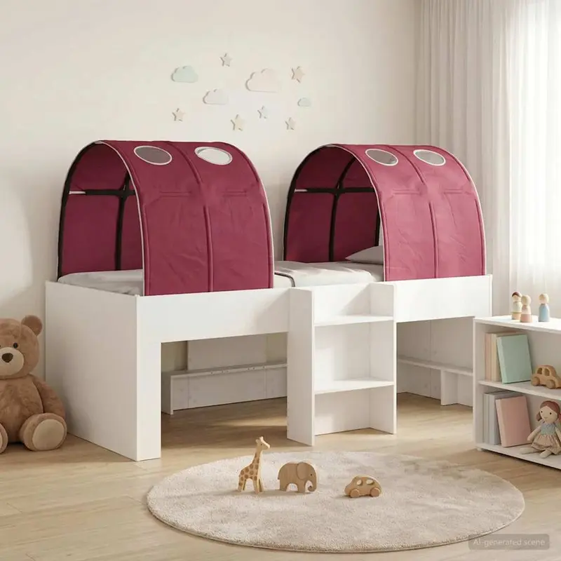 Cama con Túnel 4 pcs Blanco y Rojo Madera de ingeniería